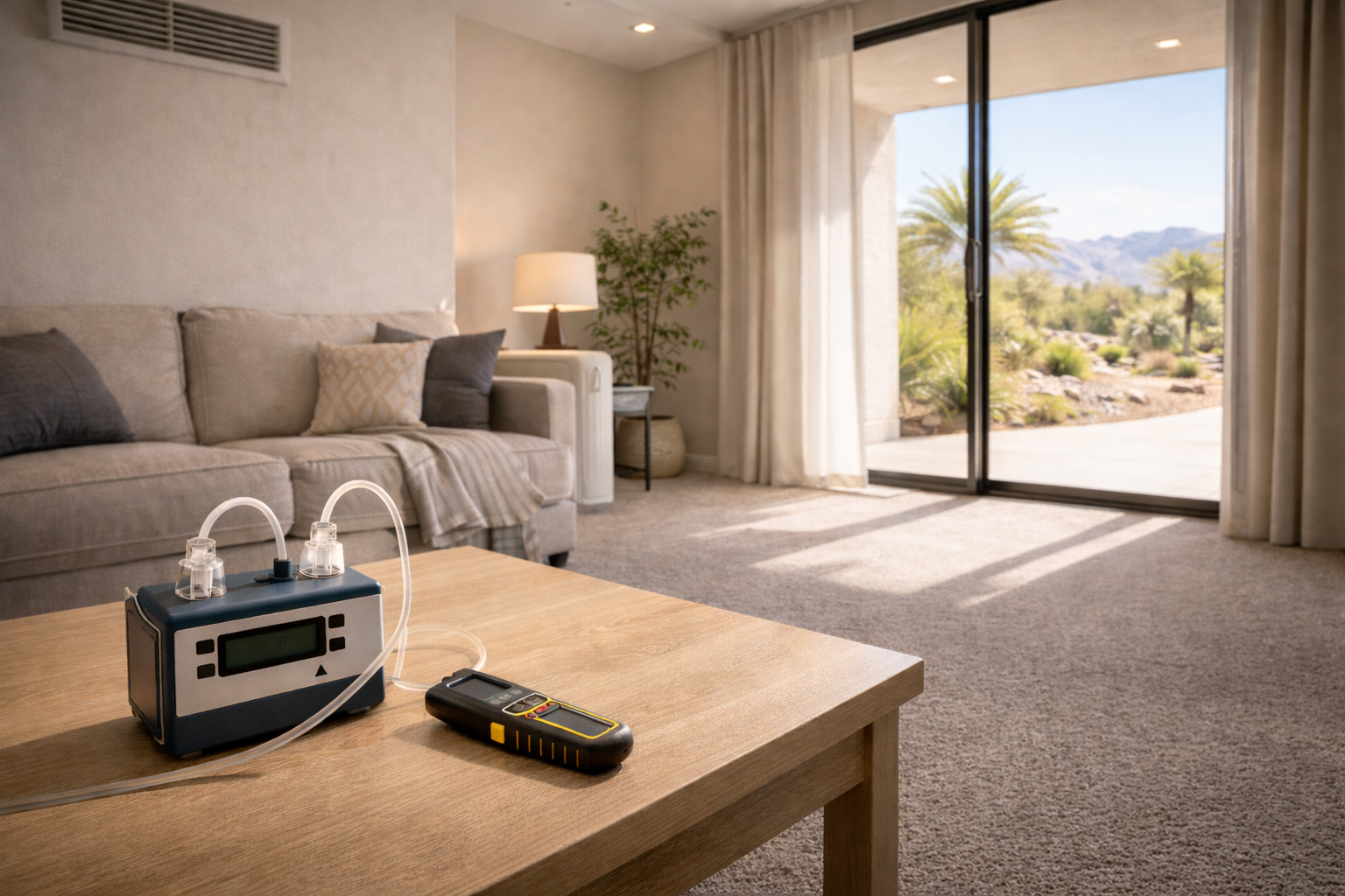 Air quality testing equipment and a moisture meter on a coffee table in a living room