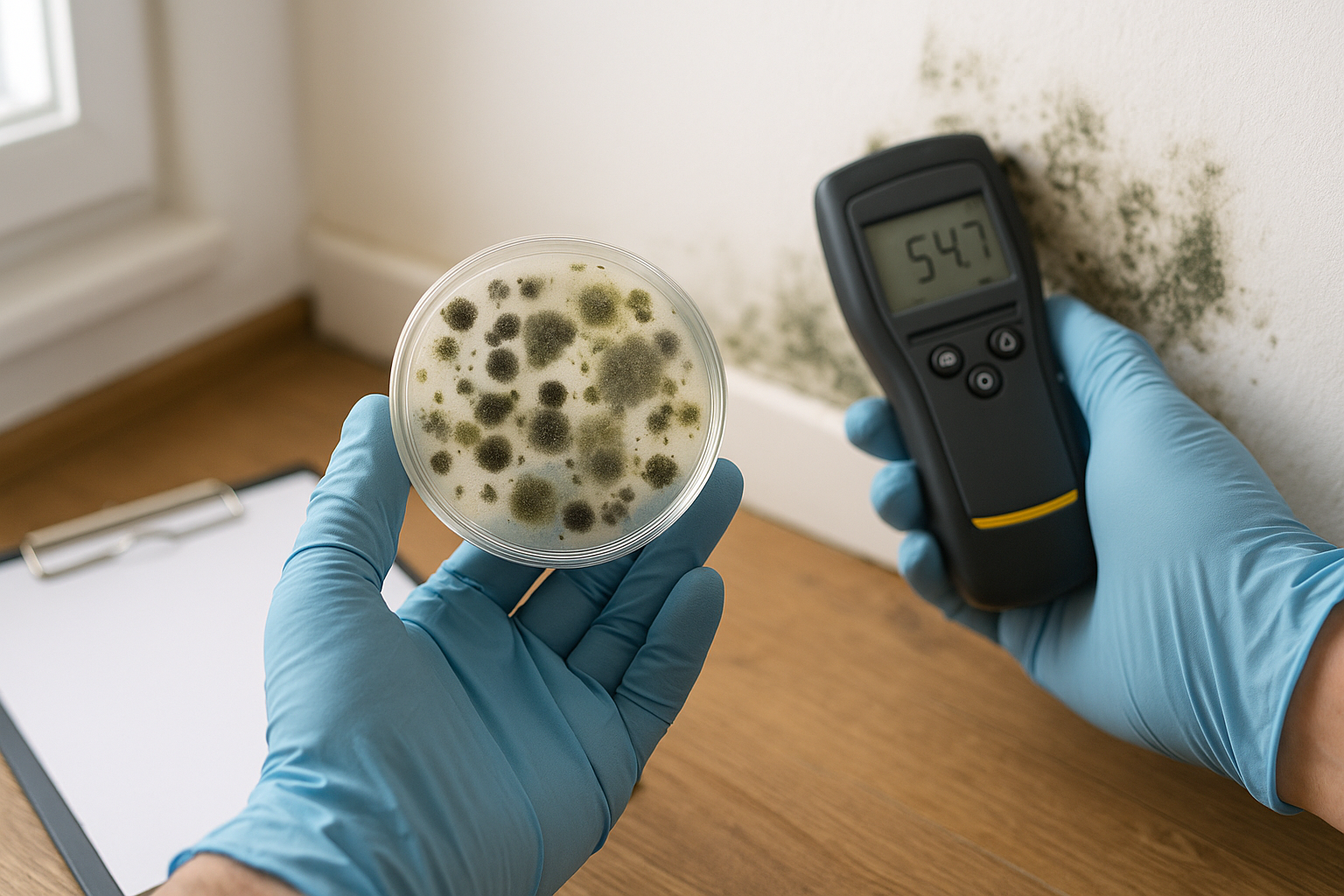 Person in gloves holding mold sample and moisture meter near moldy wall.