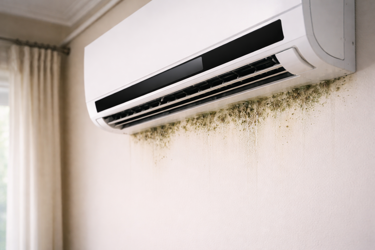 Wall-mounted air conditioner with visible mold growth on the wall below it.