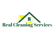 Logo for Real Cleaning Services, features a green roof over a yellow house, and a curved yellow line underneath.