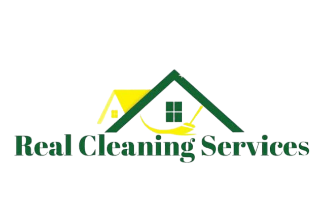 Logo for Real Cleaning Services, features a green roof over a yellow house, and a curved yellow line underneath.