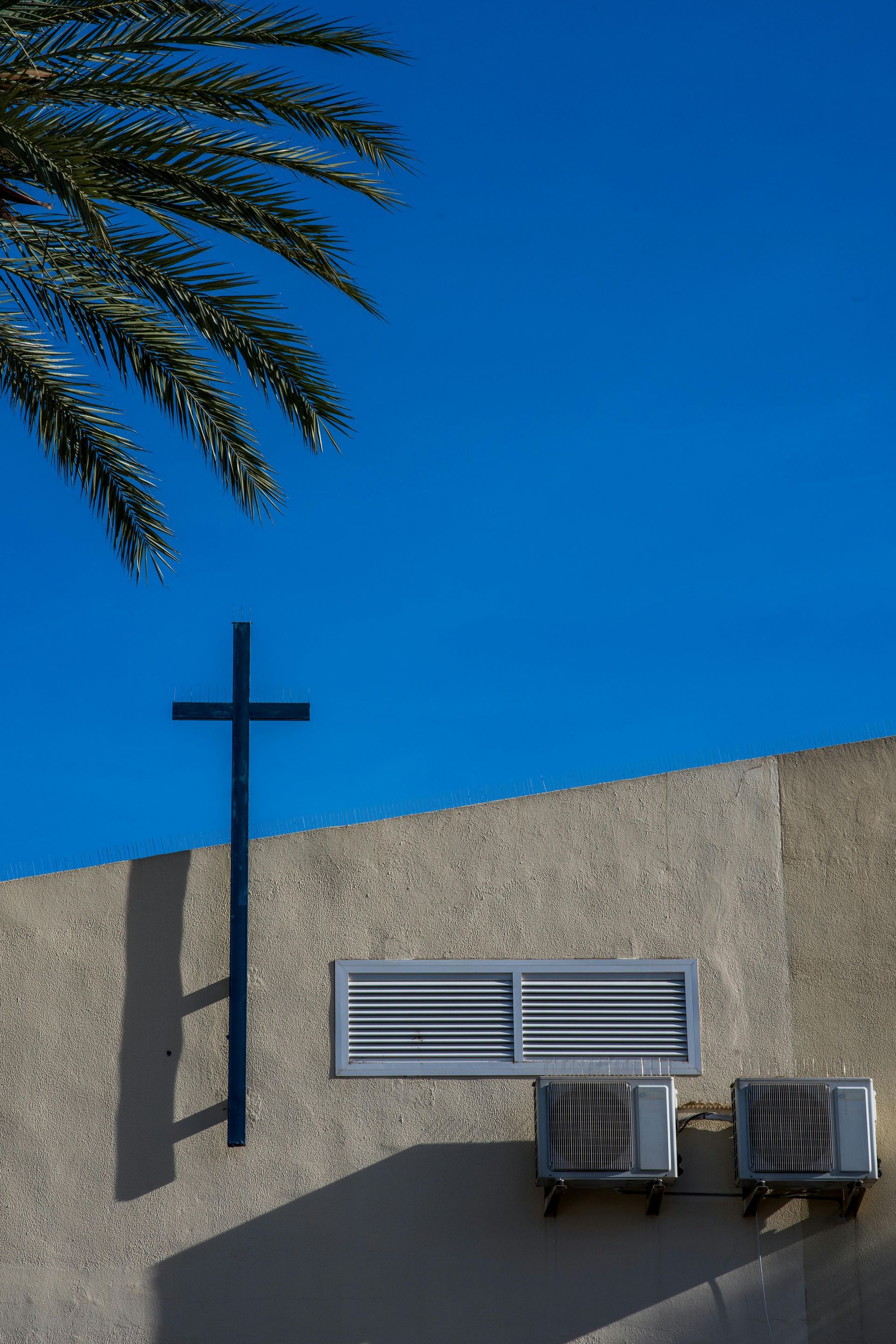 Blue cross on textured wall, palm frond, clear blue sky.