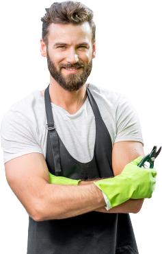 portrait handsome gardener black apron working