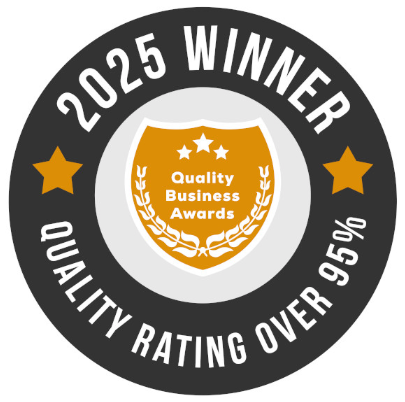 2025 Quality Business Awards winner badge with gold and black colors, showing a 95% quality rating.