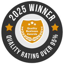 2025 Quality Business Awards winner badge with gold and black colors, showing a 95% quality rating.