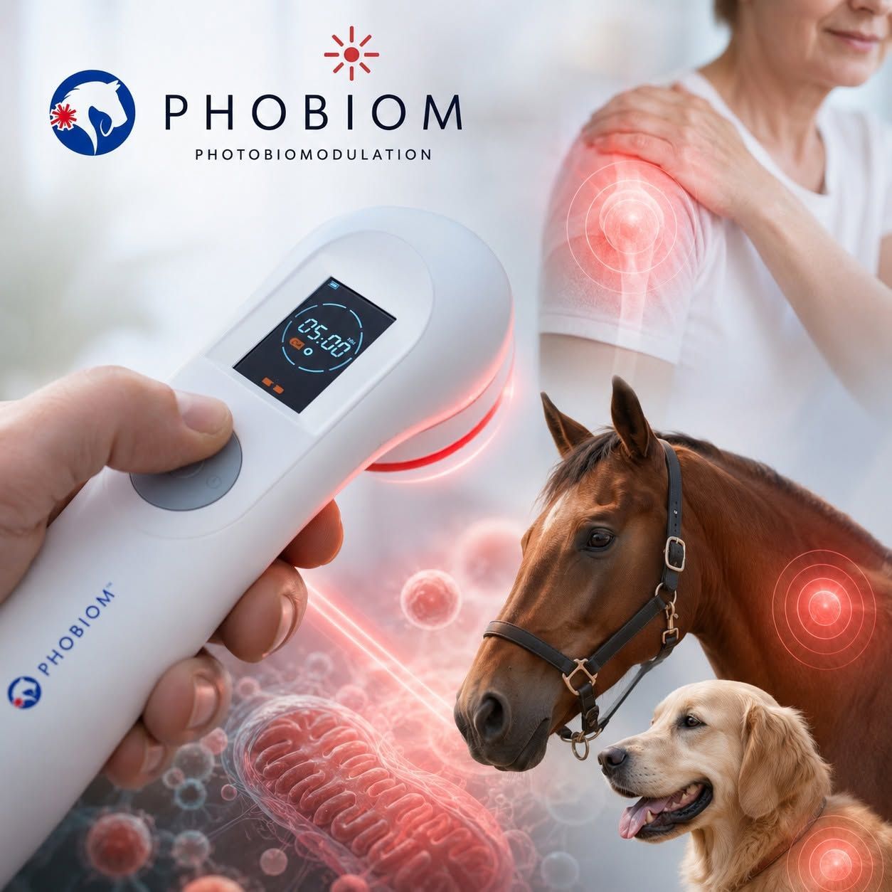 PHOBIOM draagbaar therapieapparaat voor paarden en honden, met oplichtende rode behandelingspunten en veterinaire branding.