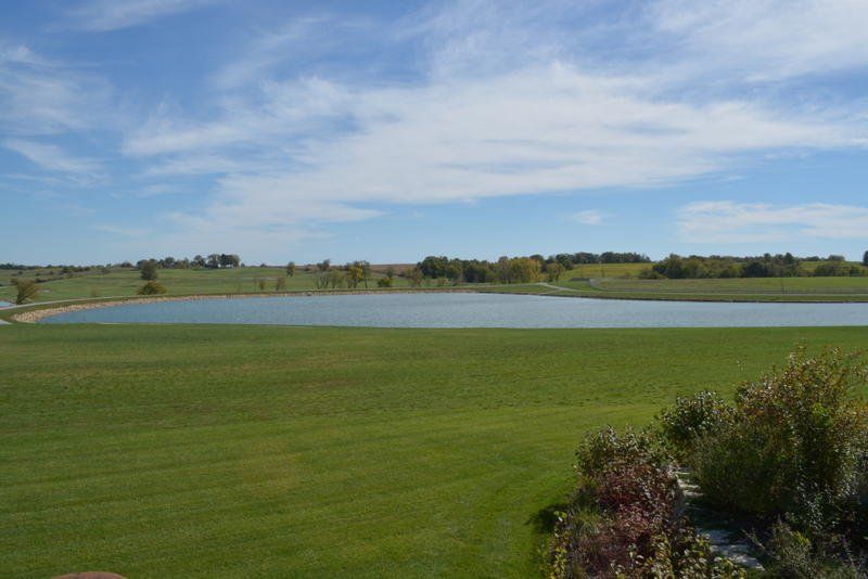 A large grassy field with a lake in the background