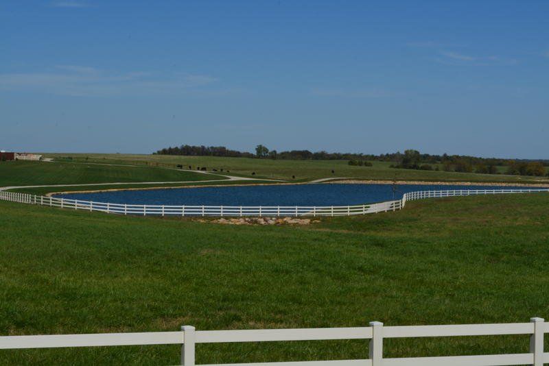 A white fence surrounds a large pond in the middle of a grassy field.