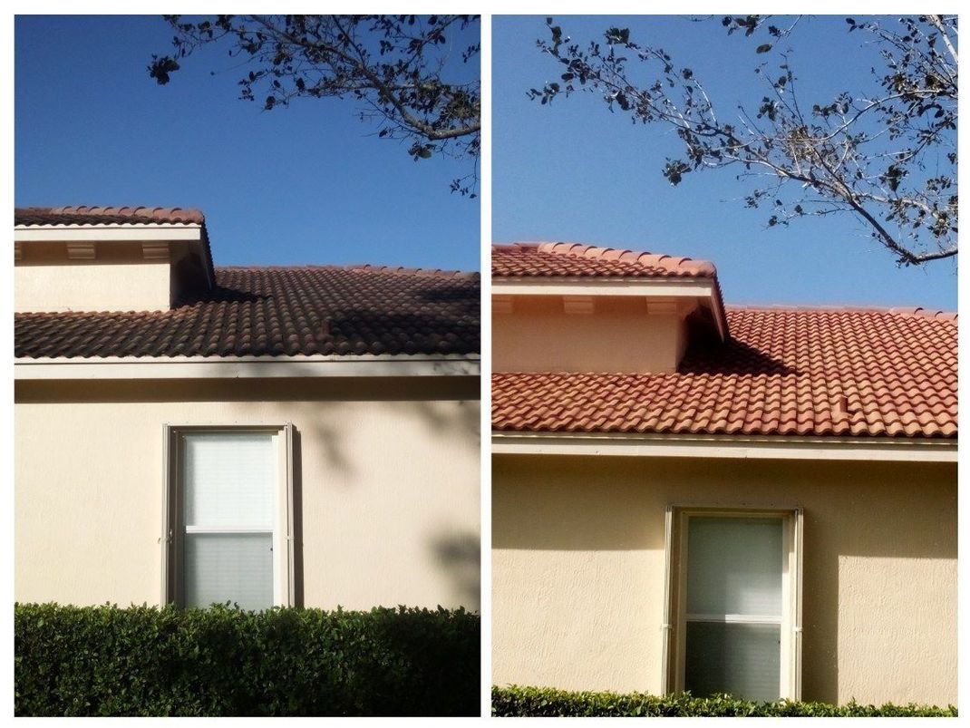 Picture showing a side by side view of a house with terracotta roof tiles before and after roof cleaning.