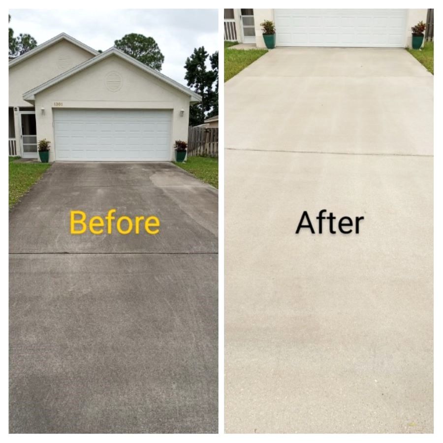 Image of a side by side photo of a driveway before and after pressure washing.
