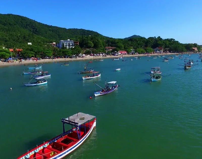 Um barco vibrante em vermelho e branco está em primeiro plano numa baía repleta de pequenas embarcações, tendo como pano de fundo uma praia exuberante e arborizada.
