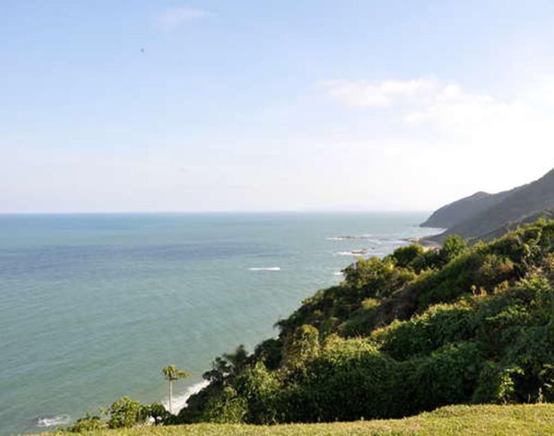 Uma vista panorâmica da costa, olhando de cima de uma colina gramada em direção ao mar azul profundo e às falésias exuberantes e cobertas de floresta.