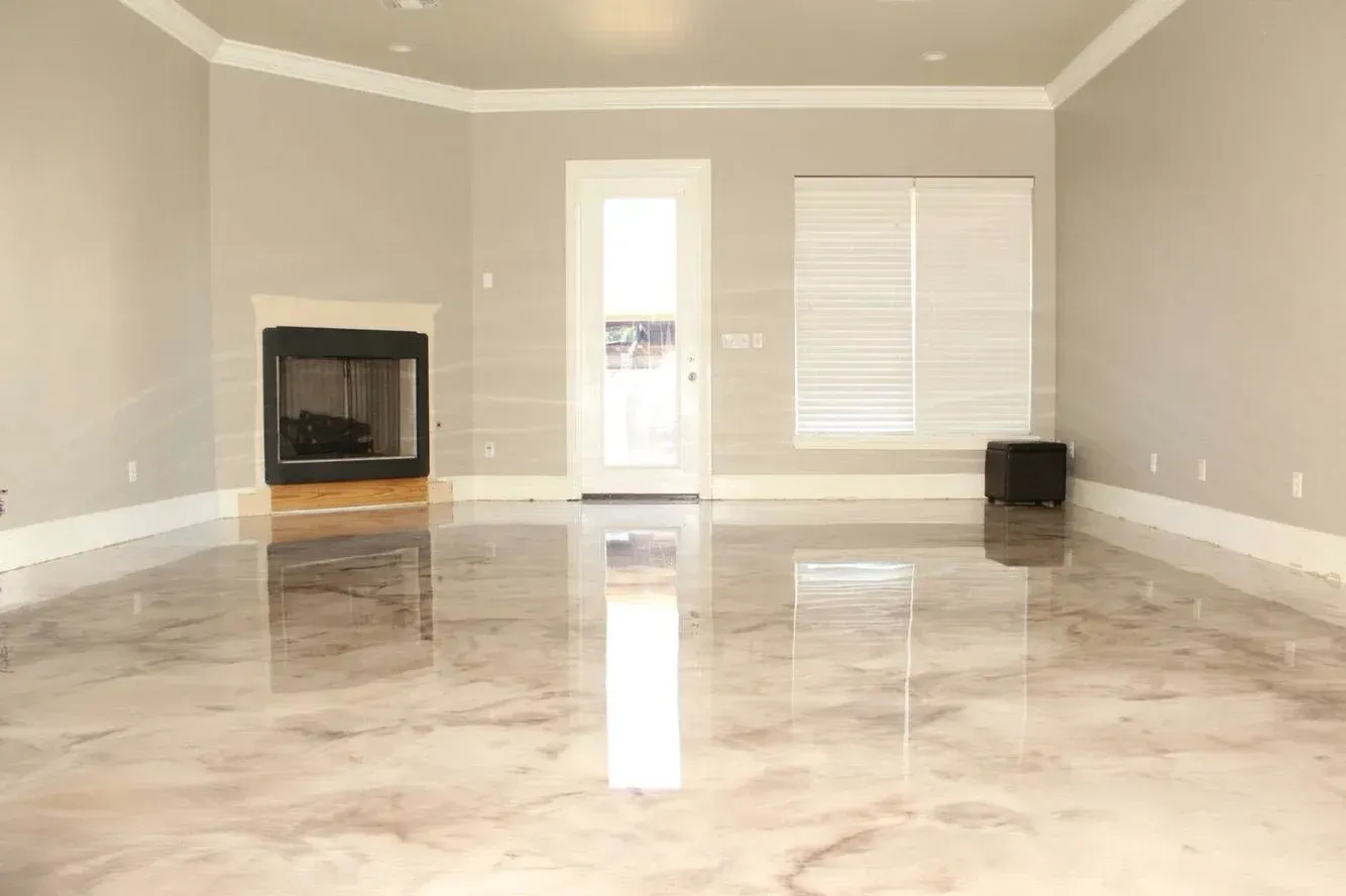 Empty modern living room with glossy marble floor, fireplace, and white blinds on the far wall