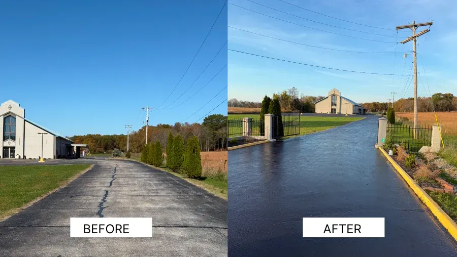 Before-and-after view of a flooded rural road beside a white building and utility poles.