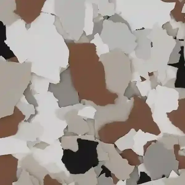 Abstract close-up of torn white and tan paper pieces scattered over a brown background