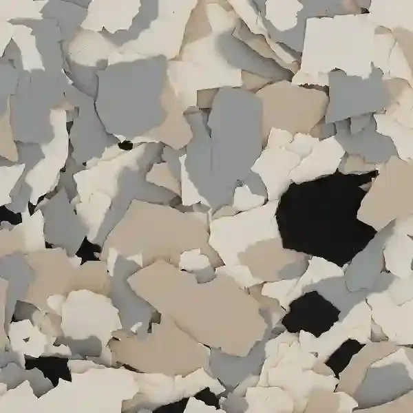 Abstract pattern of overlapping torn paper pieces in beige, gray, white, and black tones
