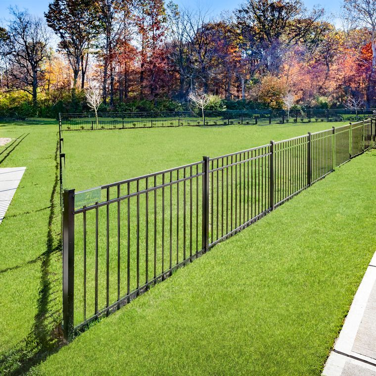A metal fence surrounds a lush green field with trees in the background at Flats at Stones Crossing.