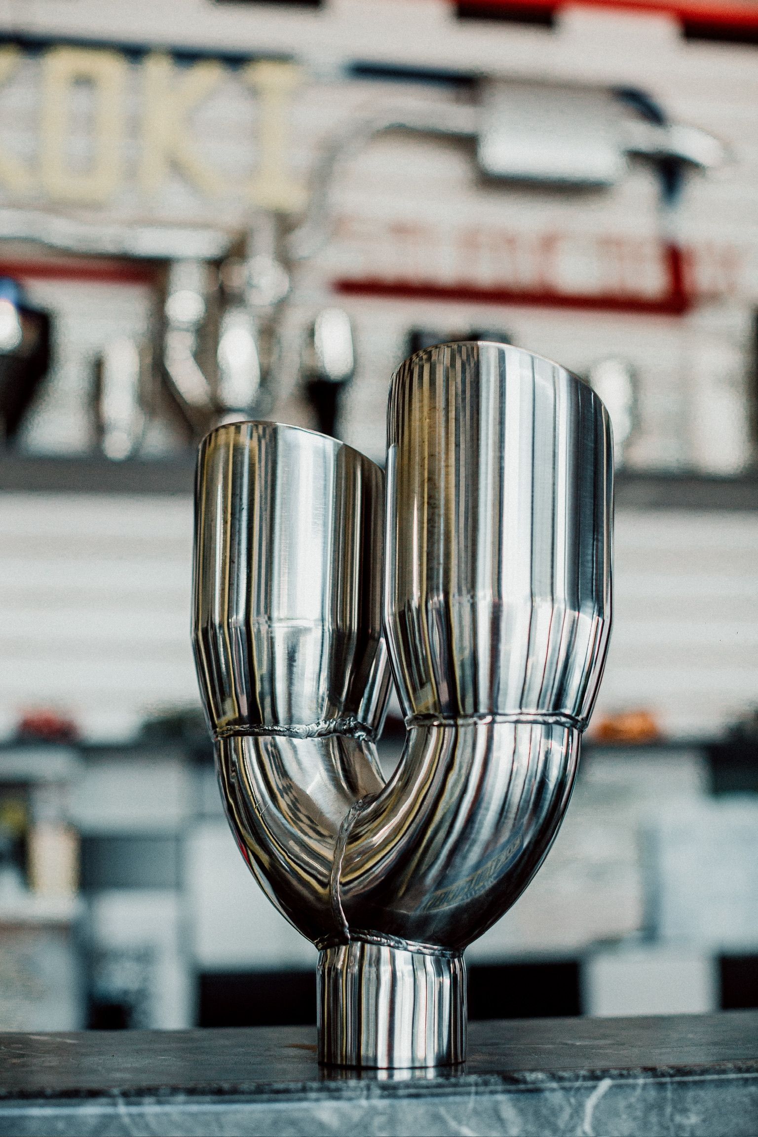 A close up of a metal object on a table.