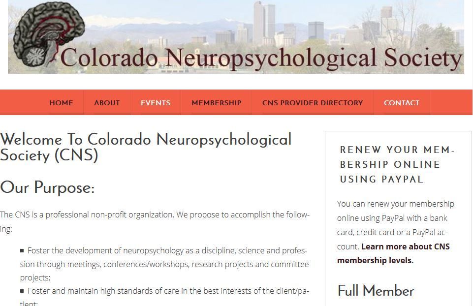 Colorado Neuropsychological Society home page screen shot.