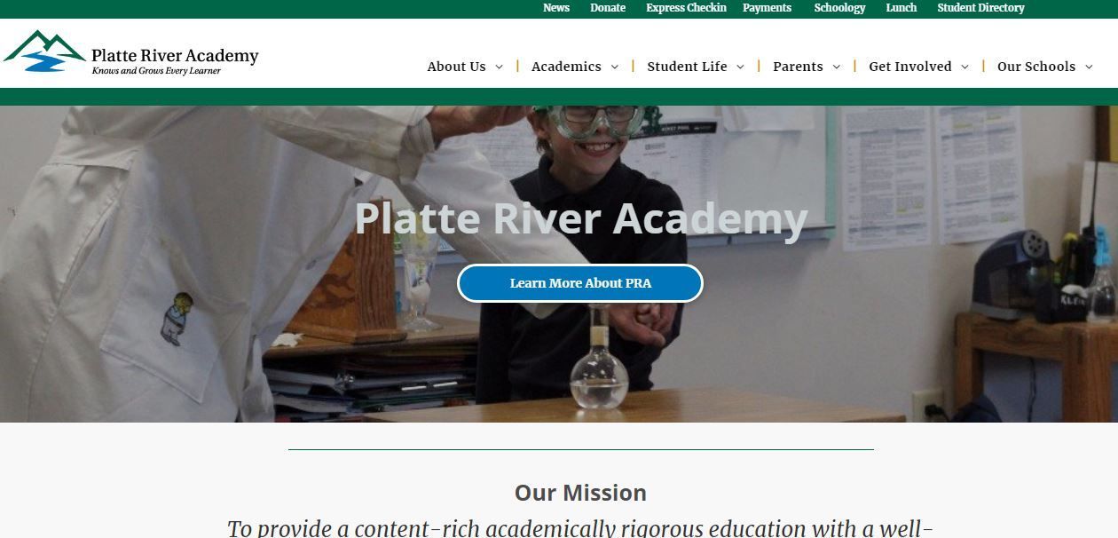 Platte River Academy home page screen shot.