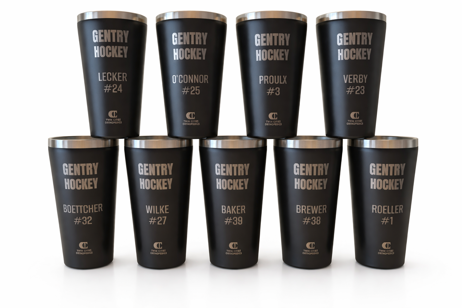 Custom team tumblers with sponsor logo.