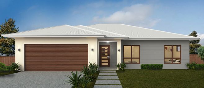 A House With A White Roof And A Brown Garage Door — Ashlee Jones Homes in Gordonvale, QLD