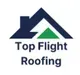 Logo for Top Flight Roofing: a blue house silhouette with a green triangle, black text below.