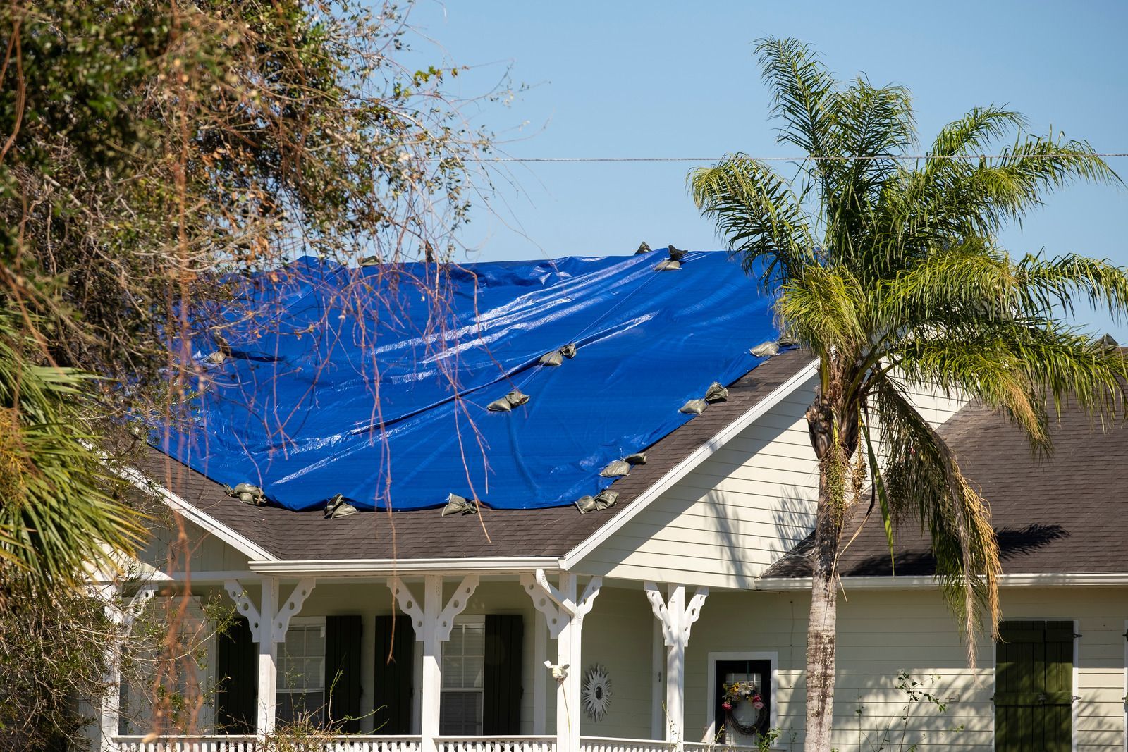 House with blue tarp covering damaged roof, palm tree and blue sky in background.
