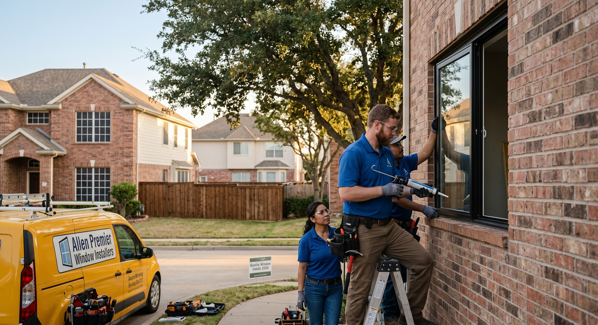 Professional crew from Allen Window Replacement installing a new residential window on a brick home, representing the top-rated window installers in Allen, Texas for 2026.