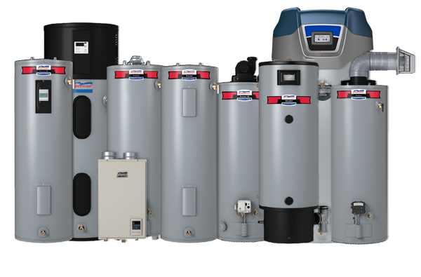 A group of water heaters are lined up in a row