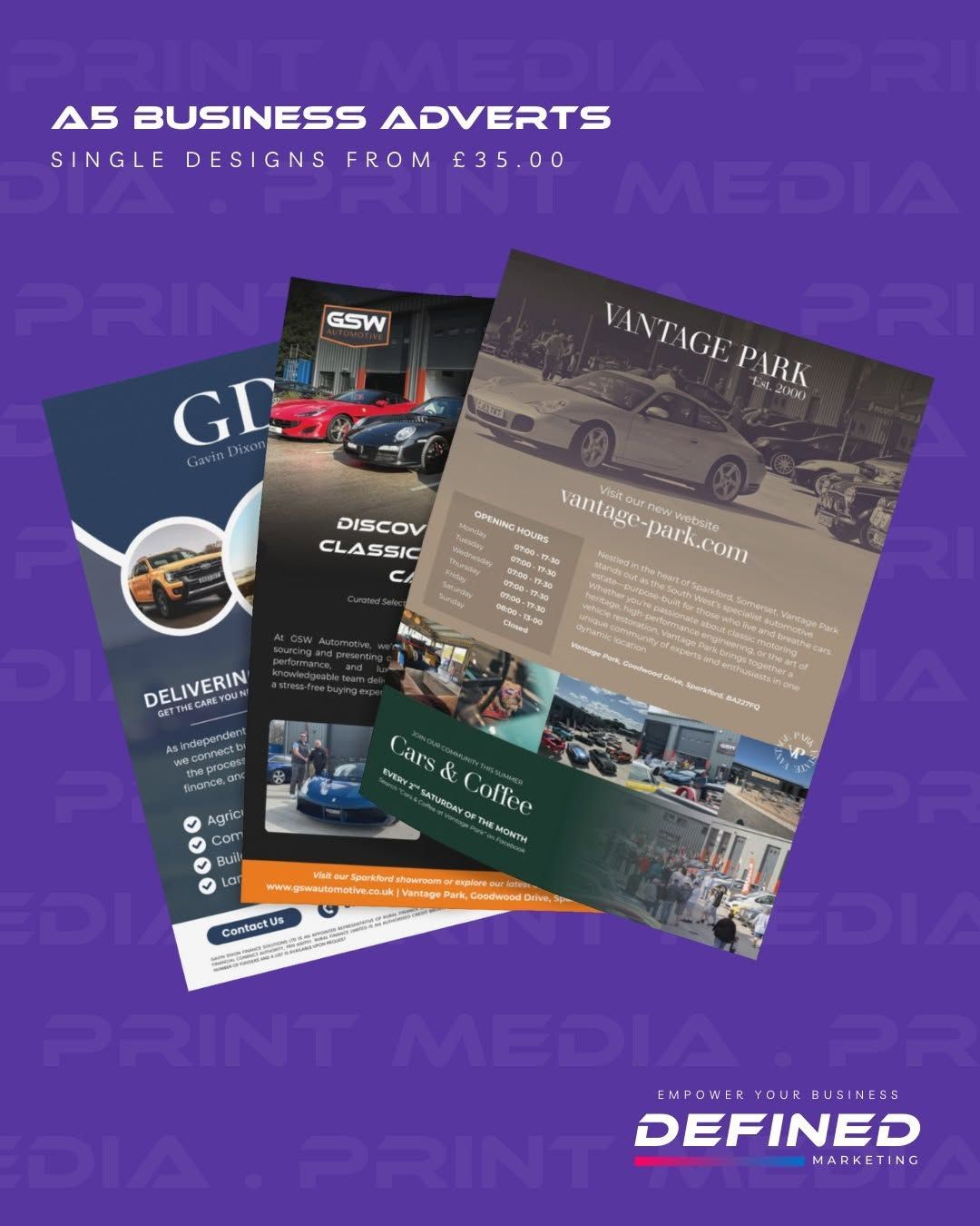 Three A5 business adverts, various designs, laid on a purple background with print media text.