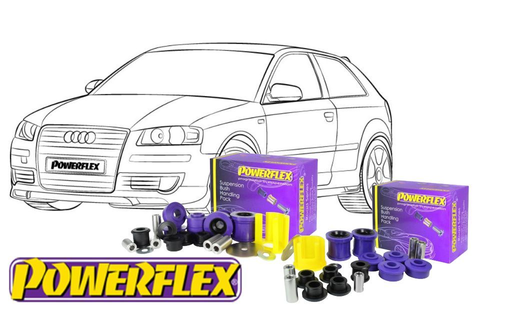 Powerflex polyurethane suspension bushings and boxes in front of an outlined Audi A3.