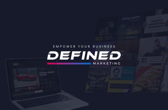 Defined Marketing logo with laptop and magazine display, dark blue background.