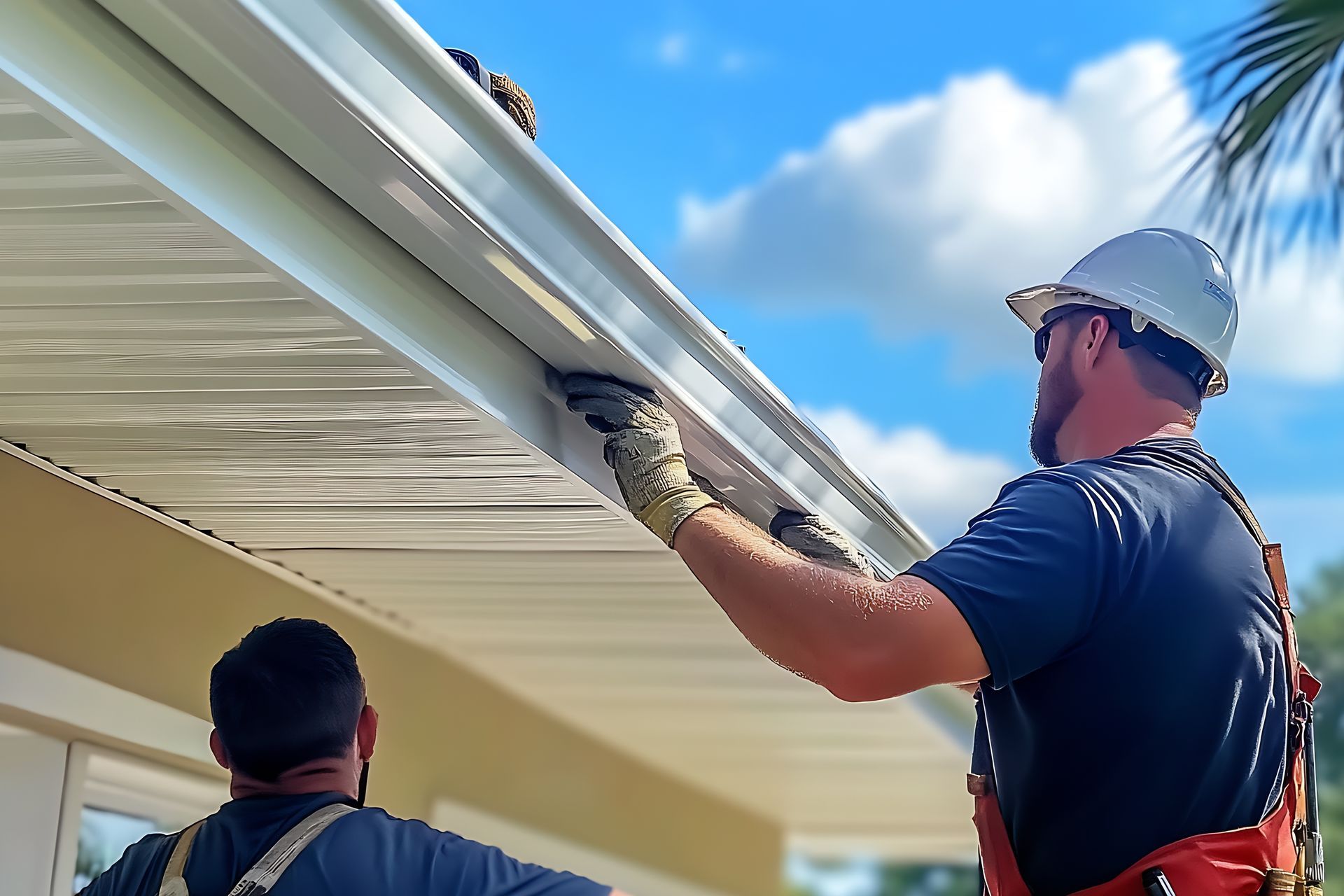 A contractor installing gutter replacements