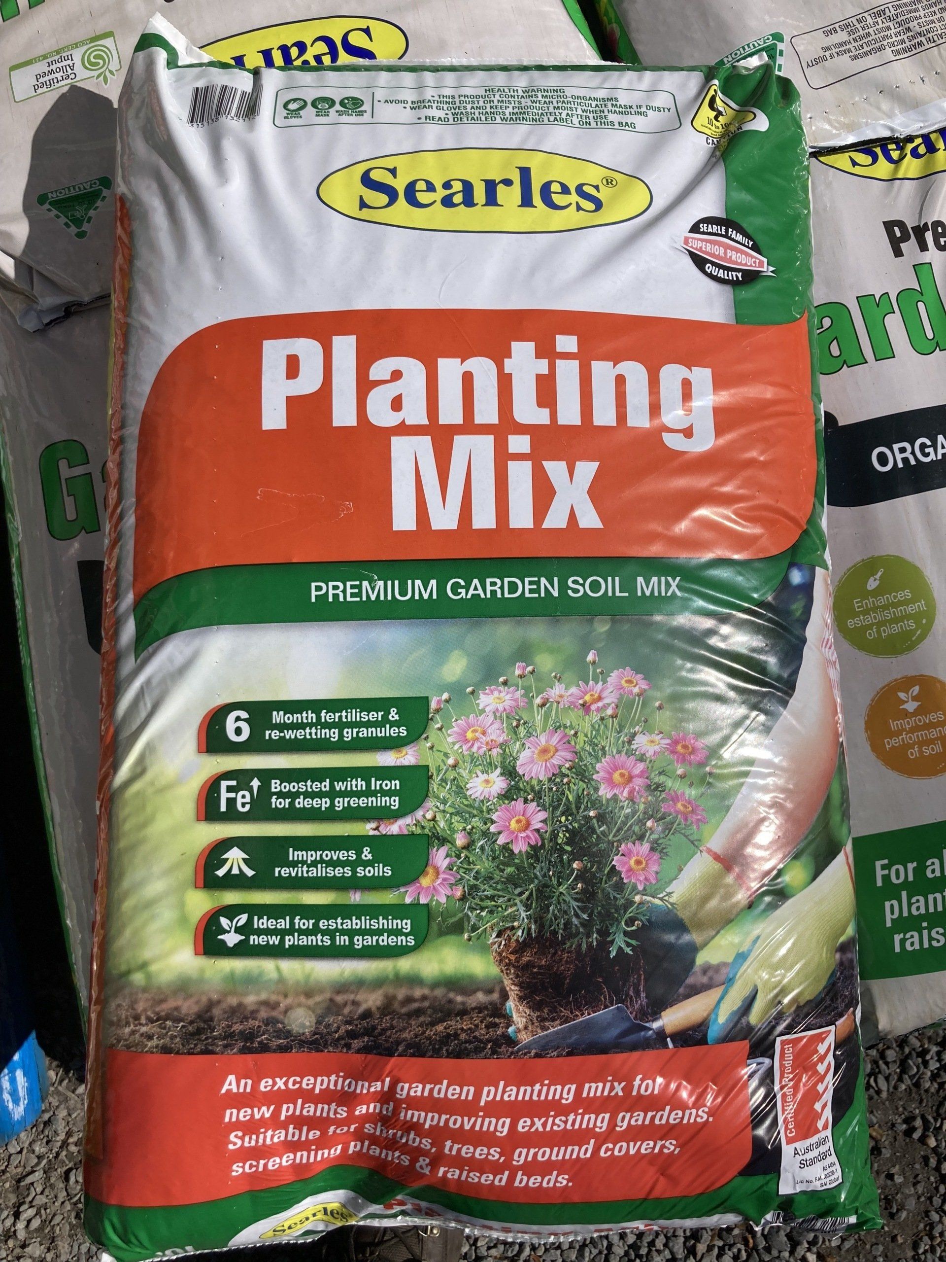 A bag of Searles premium garden soil mix.