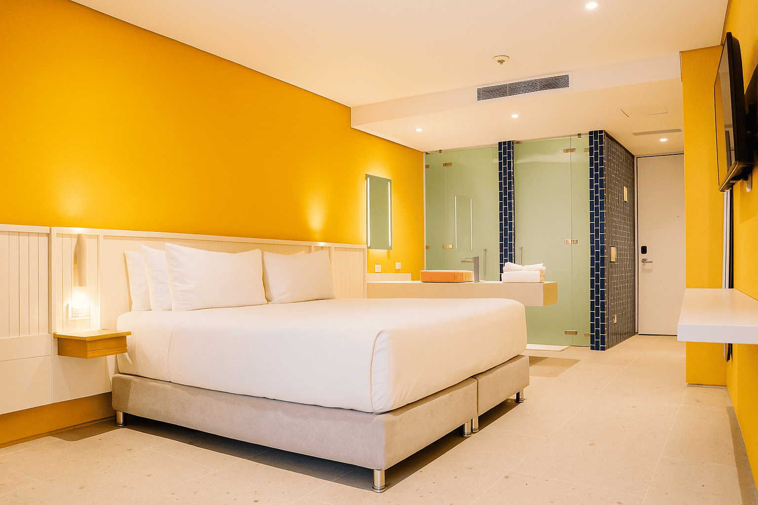 Habitación moderna y luminosa con cama doble en hotel en San Andrés, espacio cómodo para descansar cerca del mar