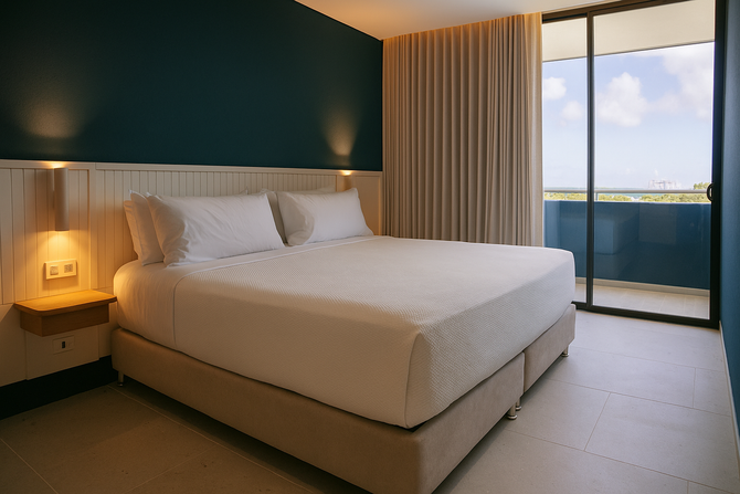 Habitaciones en San Andrés con cama queen, pared azul, lámpara de noche y balcón con vista exterior.