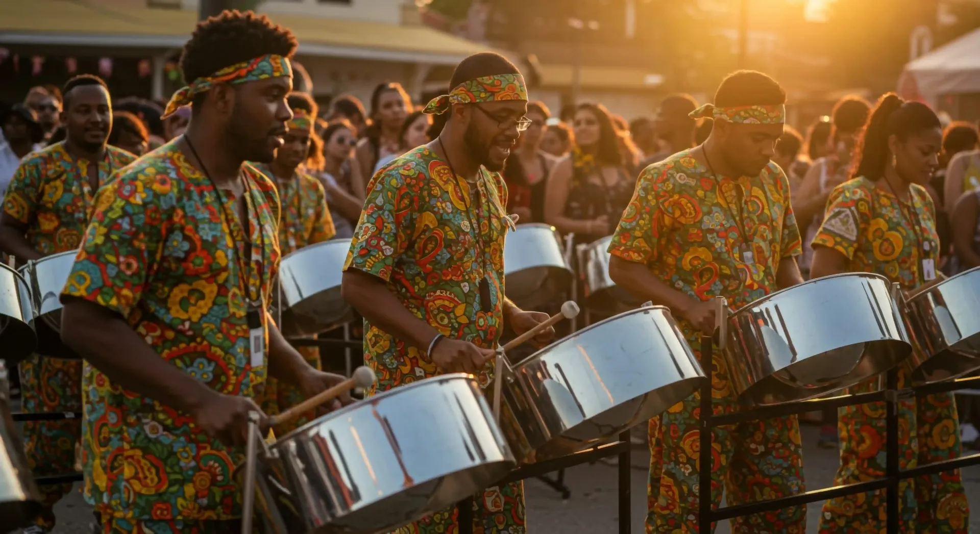 Grupo musical tocando tambores, expresión de la cultura en San Andrés con ritmos tradicionales y ambiente festivo.