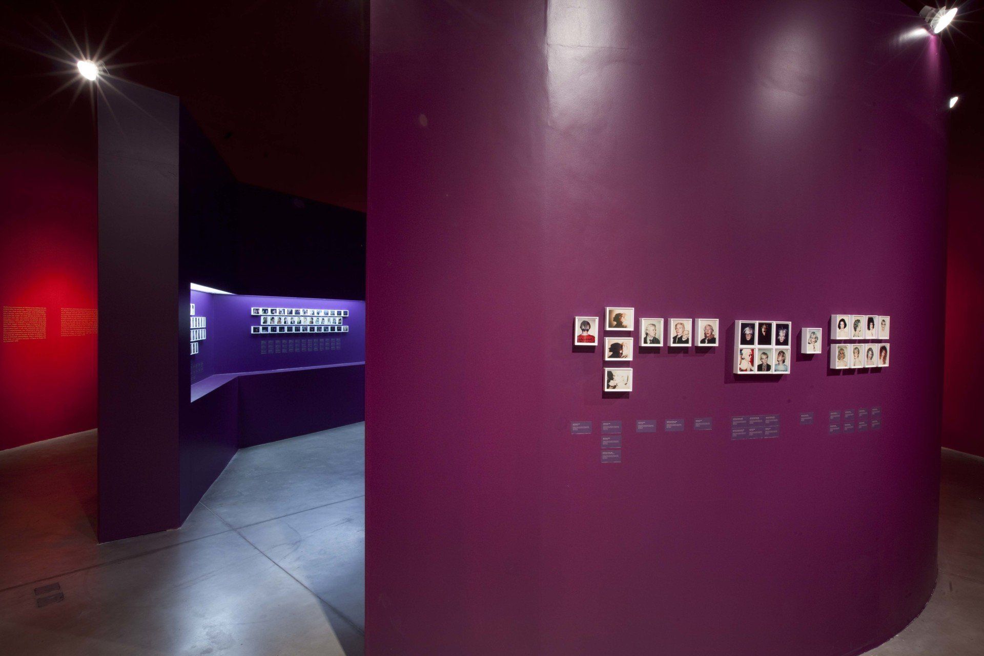 Uma parede roxa com fotos em um museu.