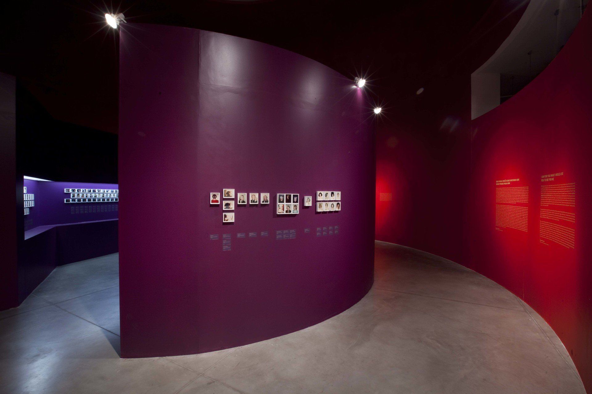 Uma parede roxa com fotos em um museu