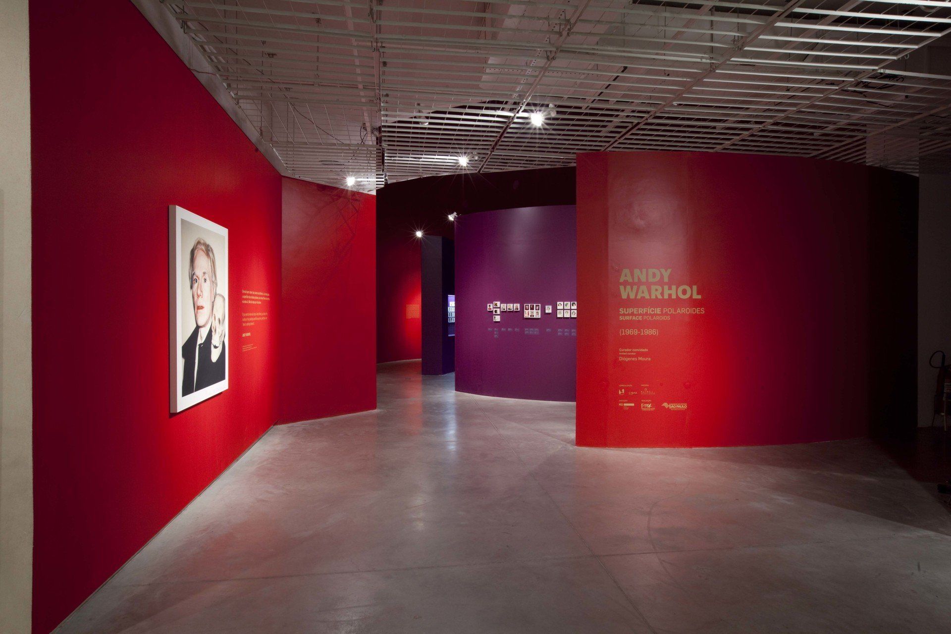 Um corredor com paredes vermelhas e roxas e uma pintura na parede.