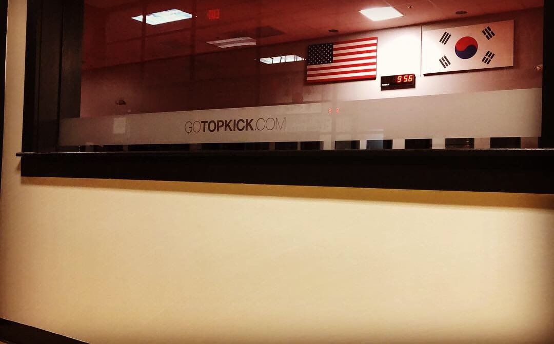 A window with the word topkick on it