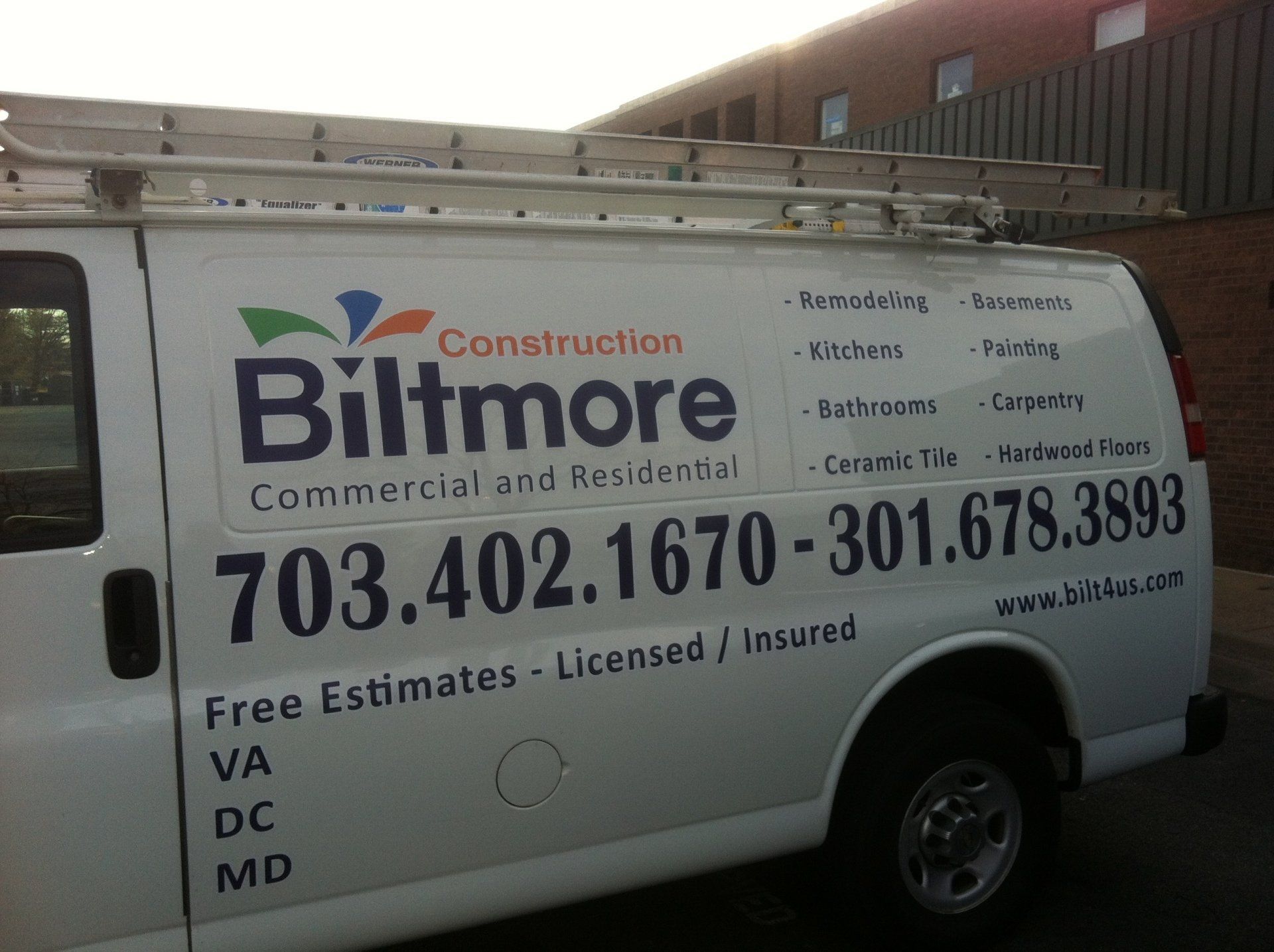A white van with the word biltmore on it