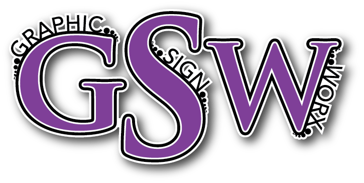 A purple logo for gsw graphic sign and work