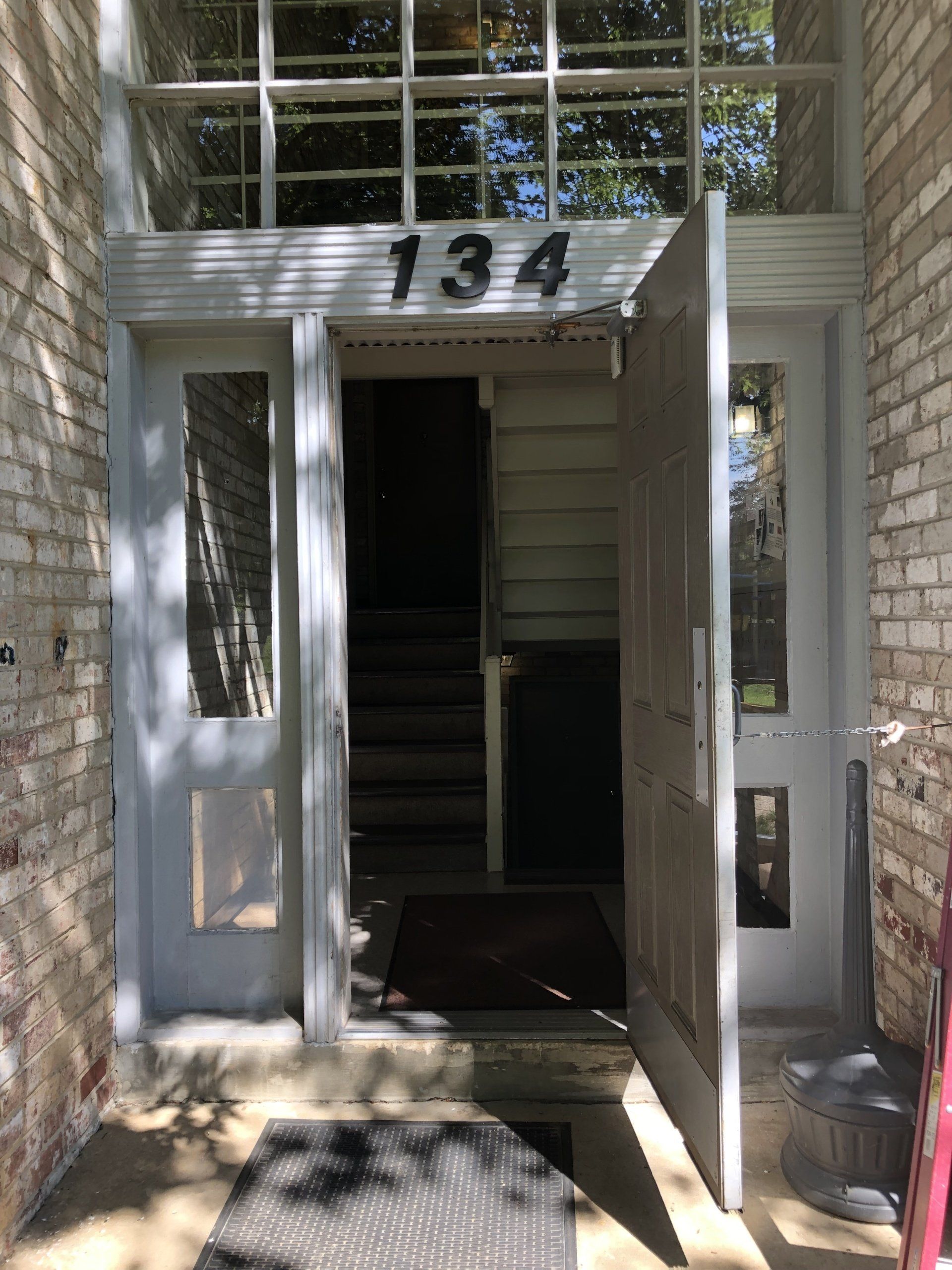 A white door with the number 134 on it