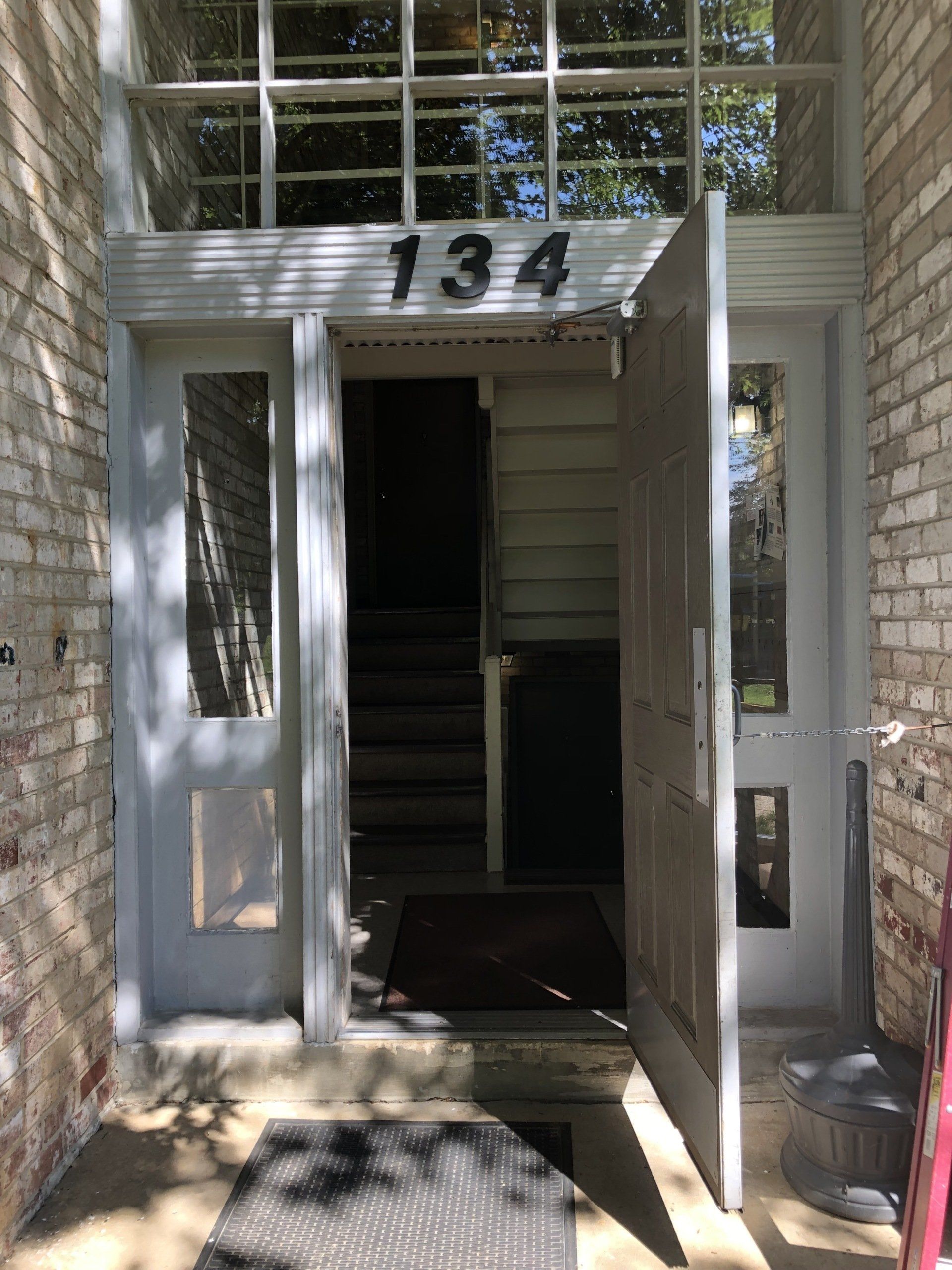 A white door with the number 134 on it