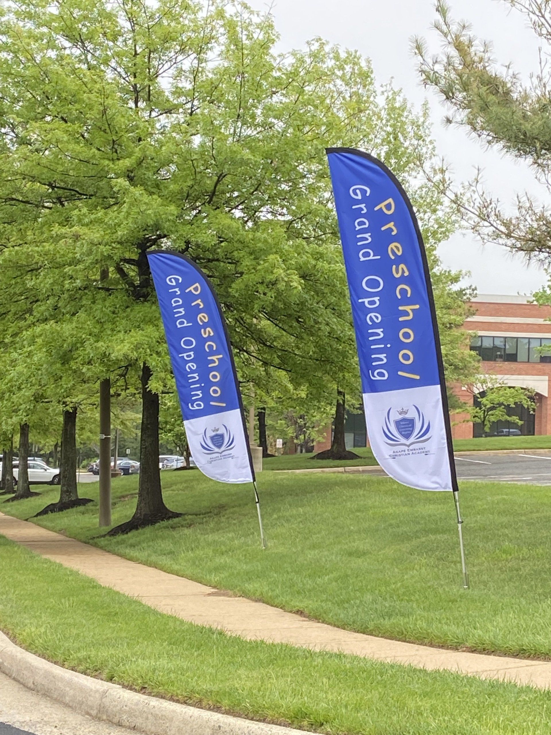 A row of preschool grand opening flags in front of a building