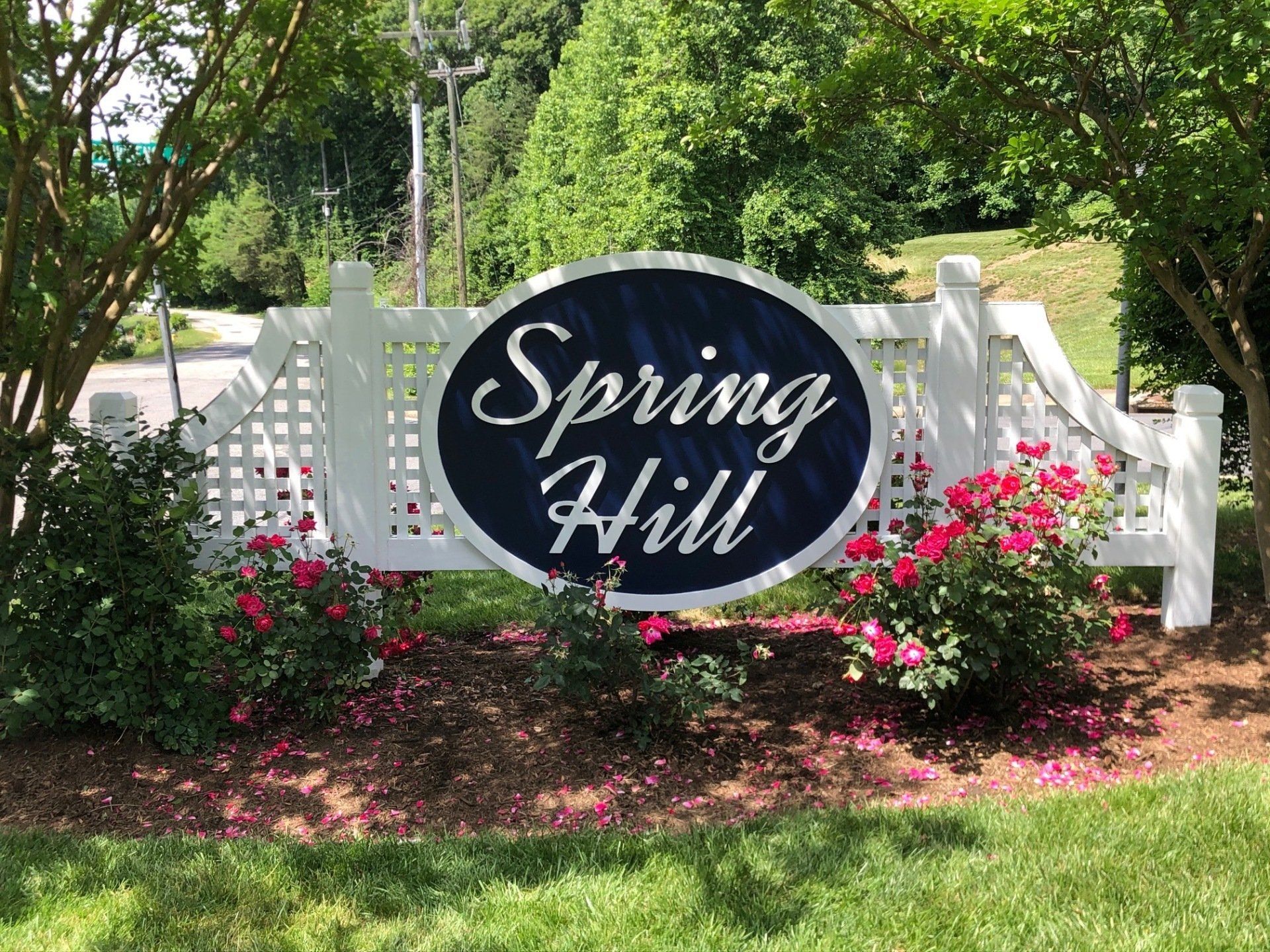 A sign for spring hill is surrounded by flowers and trees.