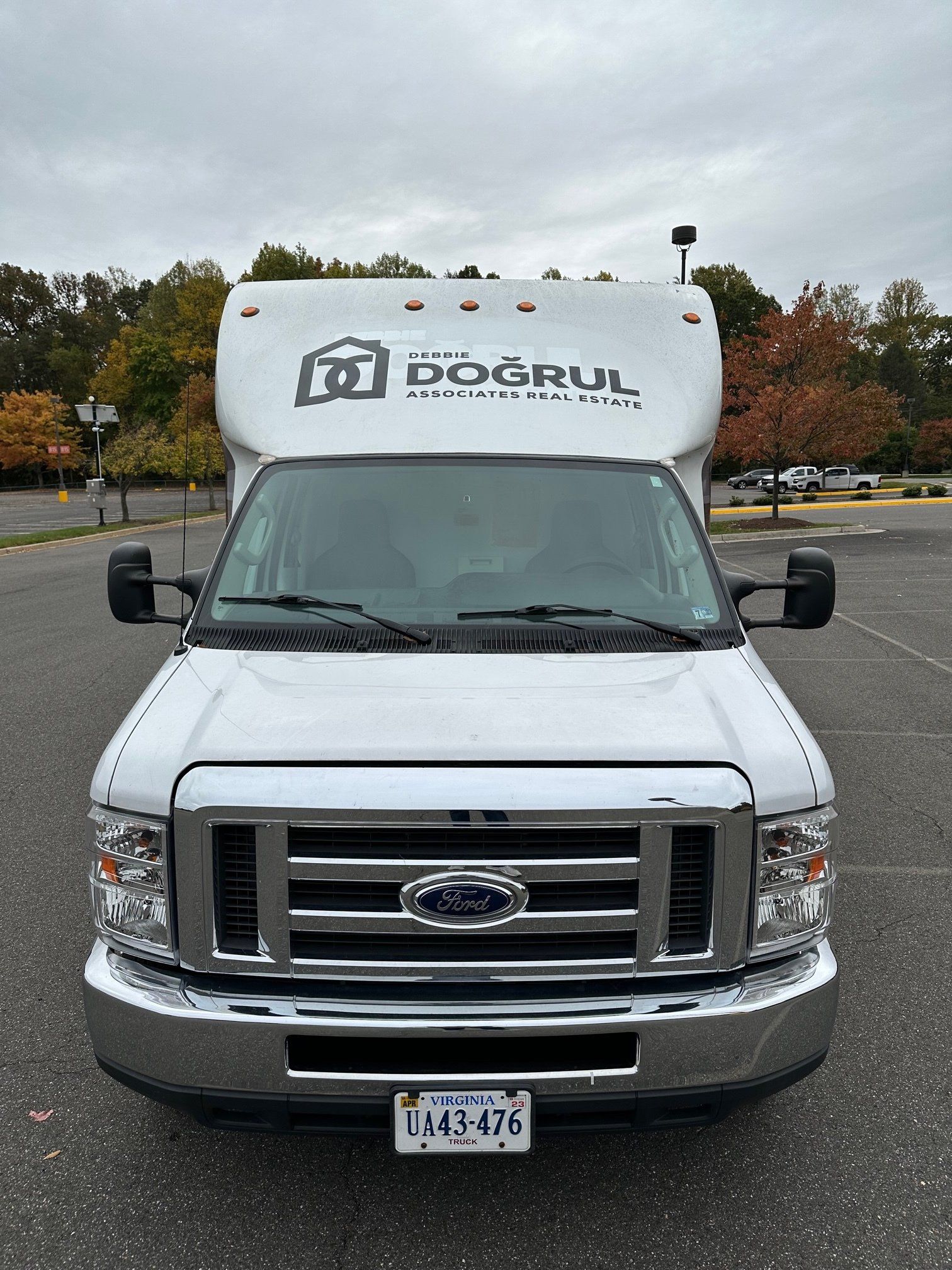 A white ford truck is parked in a parking lot.