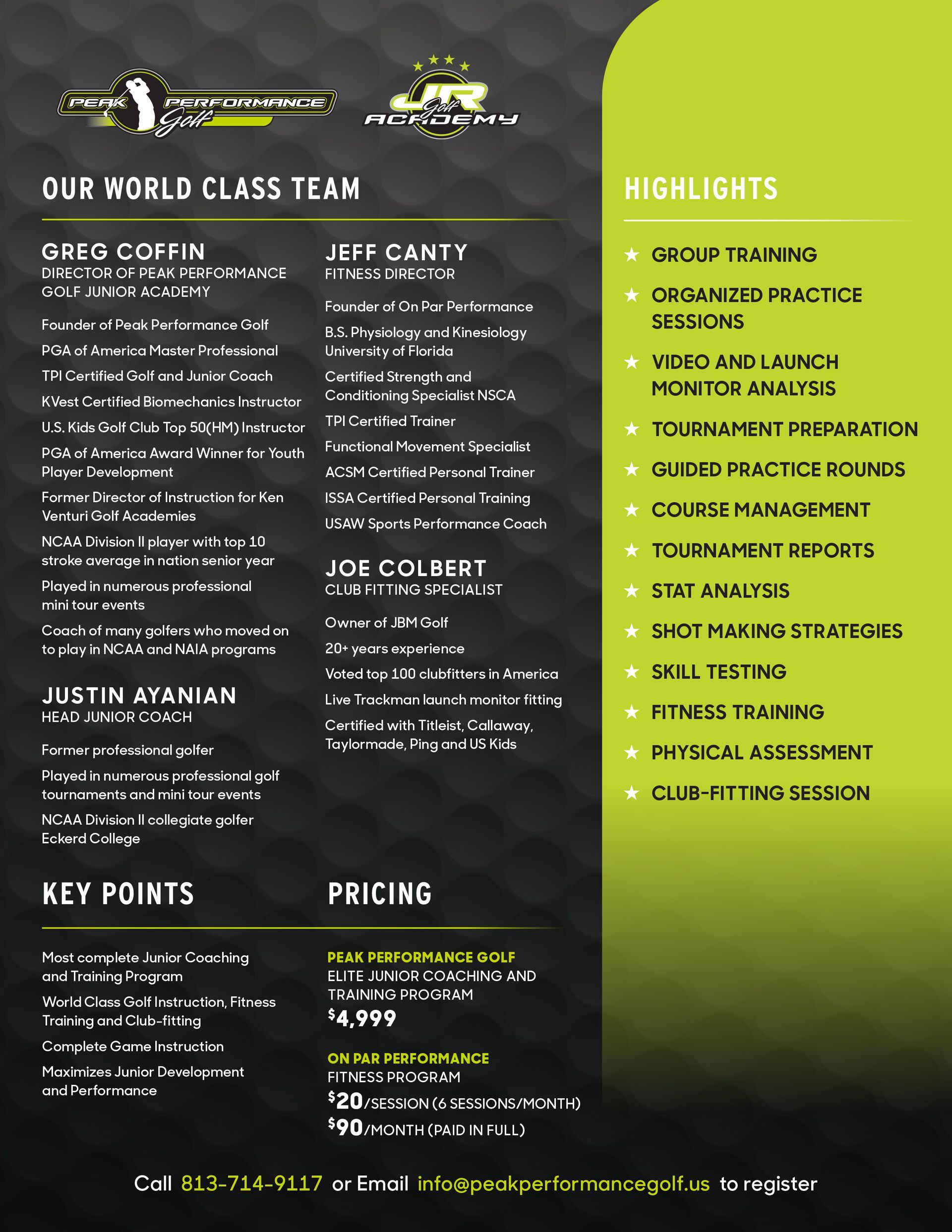 A flyer for our world class team shows key points and pricing